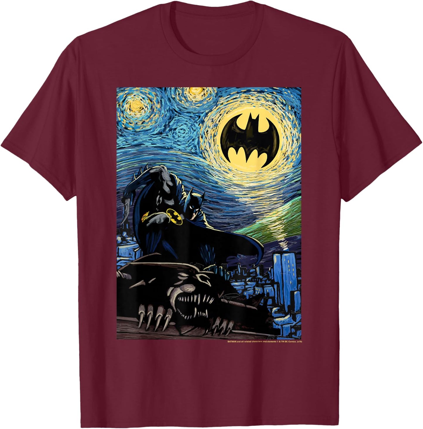 DC Comics Batman The Dark Knight Starry Night Style Poster T-Shirt - T-Shirt | Maroon