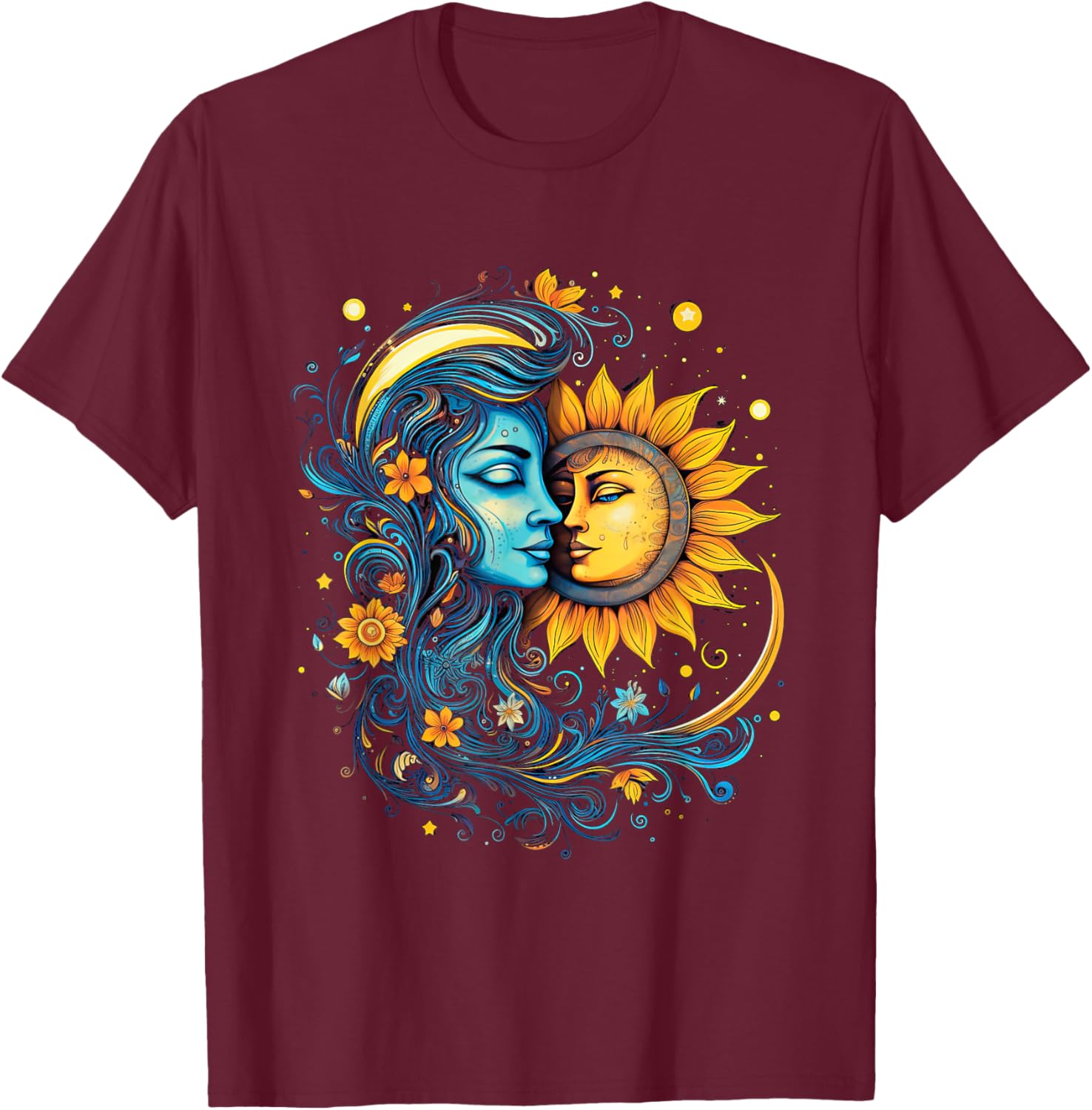 Mystic Sun and Moon Woman Mystical Flowers Aesthetic T-Shirt - T-Shirt | Maroon