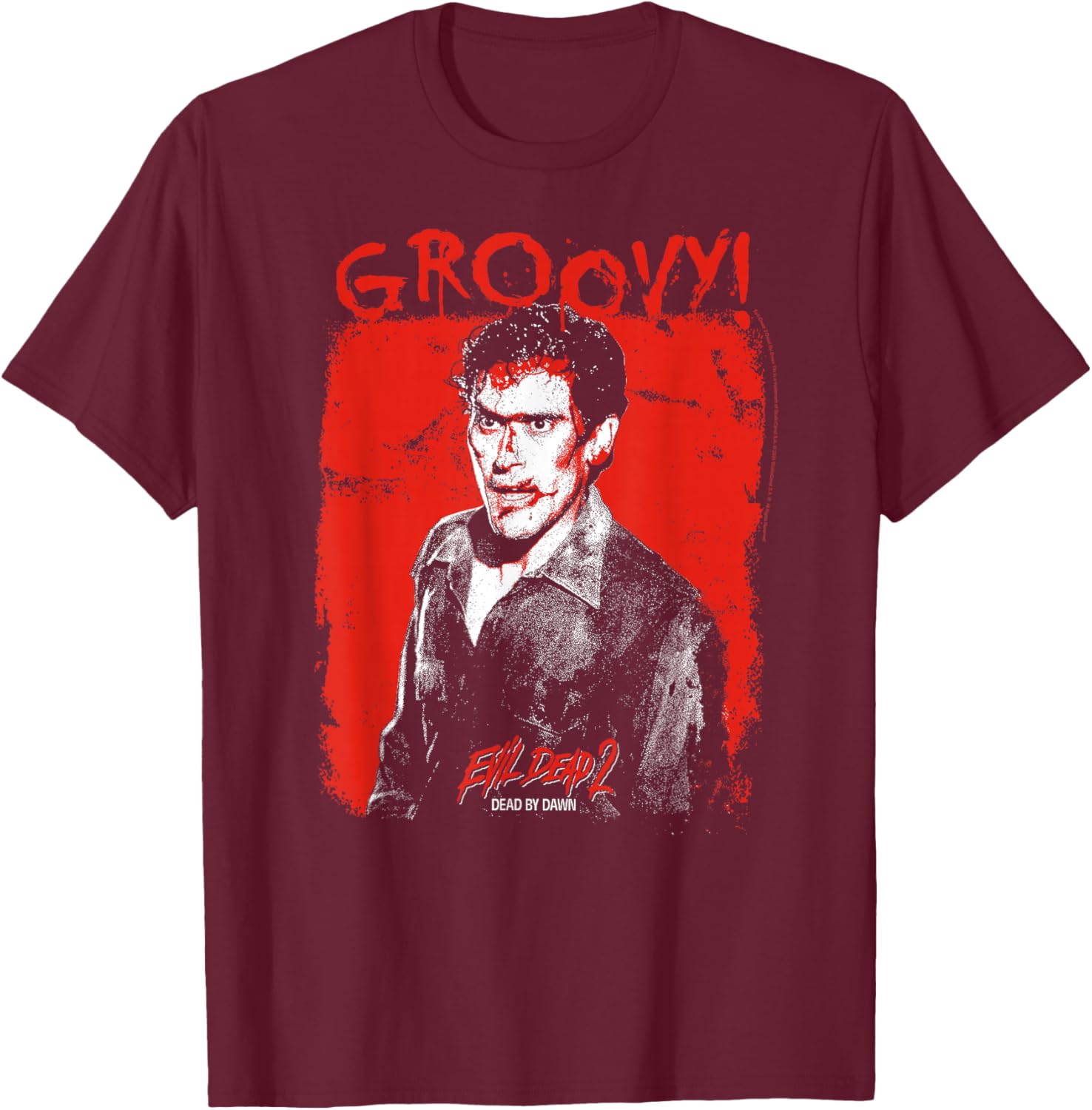 Ripple Junction x Evil Dead 2 Ash Williams Bloody Groovy , Black, S T-Shirt - T-Shirt | Maroon