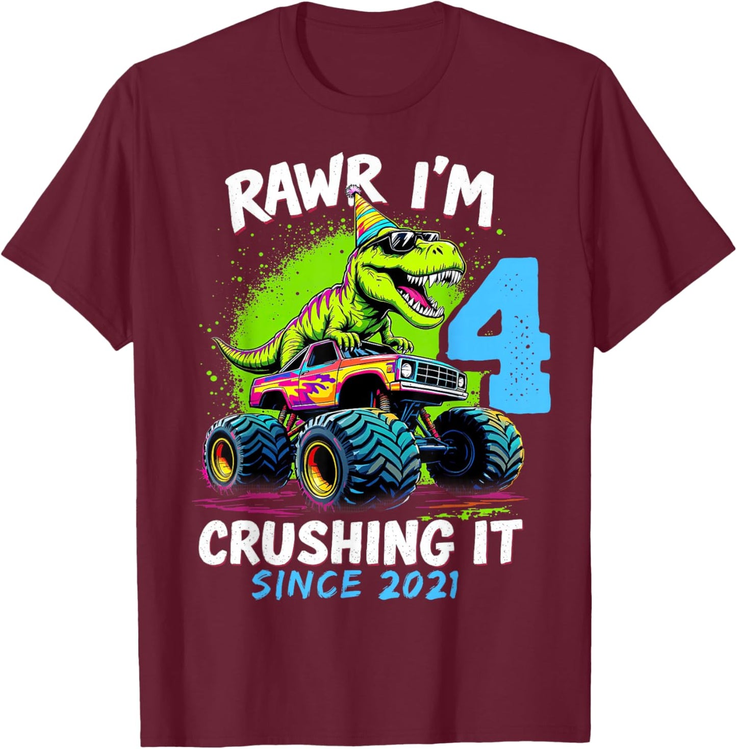 4th Birthday Monster Truck Dinosaur Party Boys Rawr I'm 4 T-Shirt - T-Shirt | Maroon