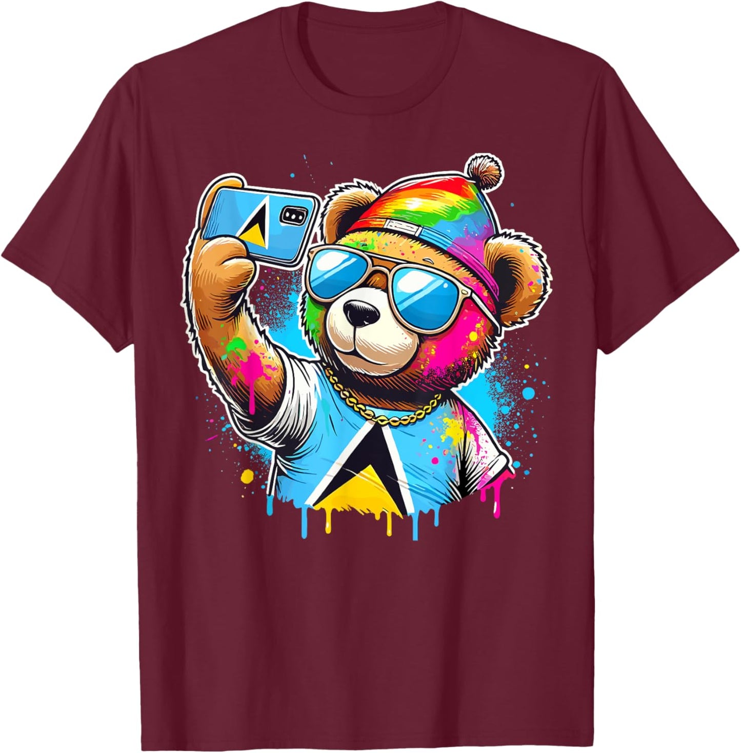 Funny St. Lucia Carnival Bear, Paint And Powder Fete,Jouvert T-Shirt - T-Shirt | Maroon