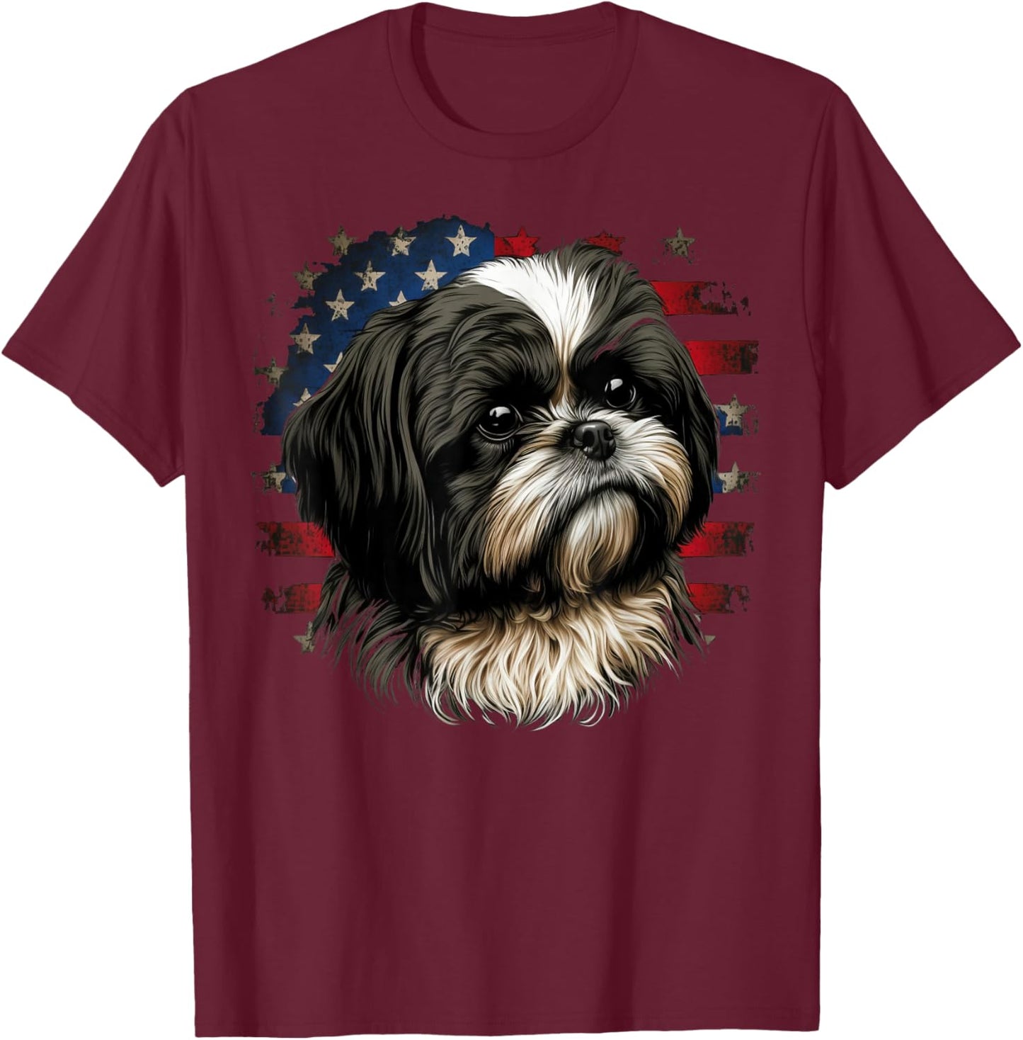 USA 4th Of July Shih Tzu on Patriotic American Shih Tzu T-Shirt - T-Shirt | Maroon