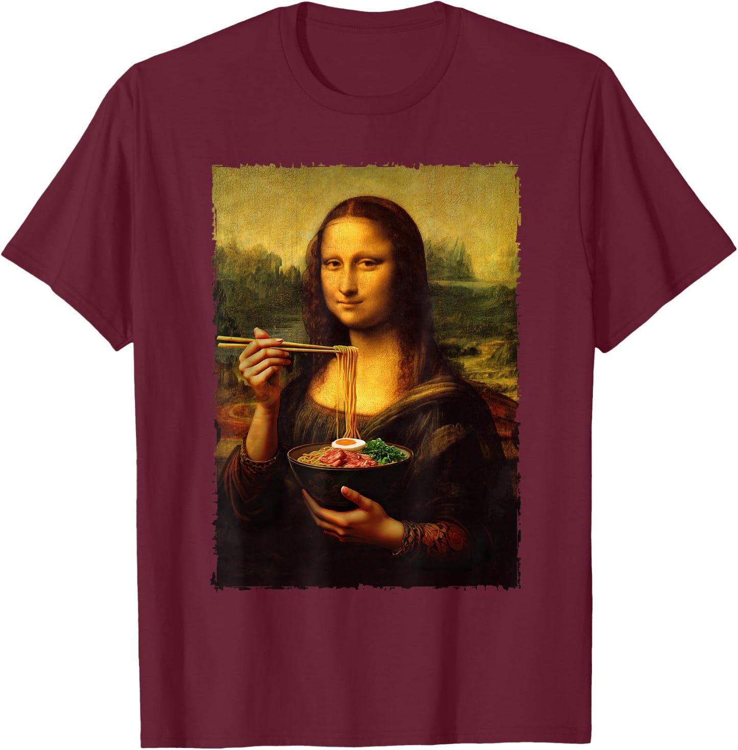 Mona Lisa Eating Ramen Japanese Noodles Art Teacher T-Shirt - T-Shirt | Maroon