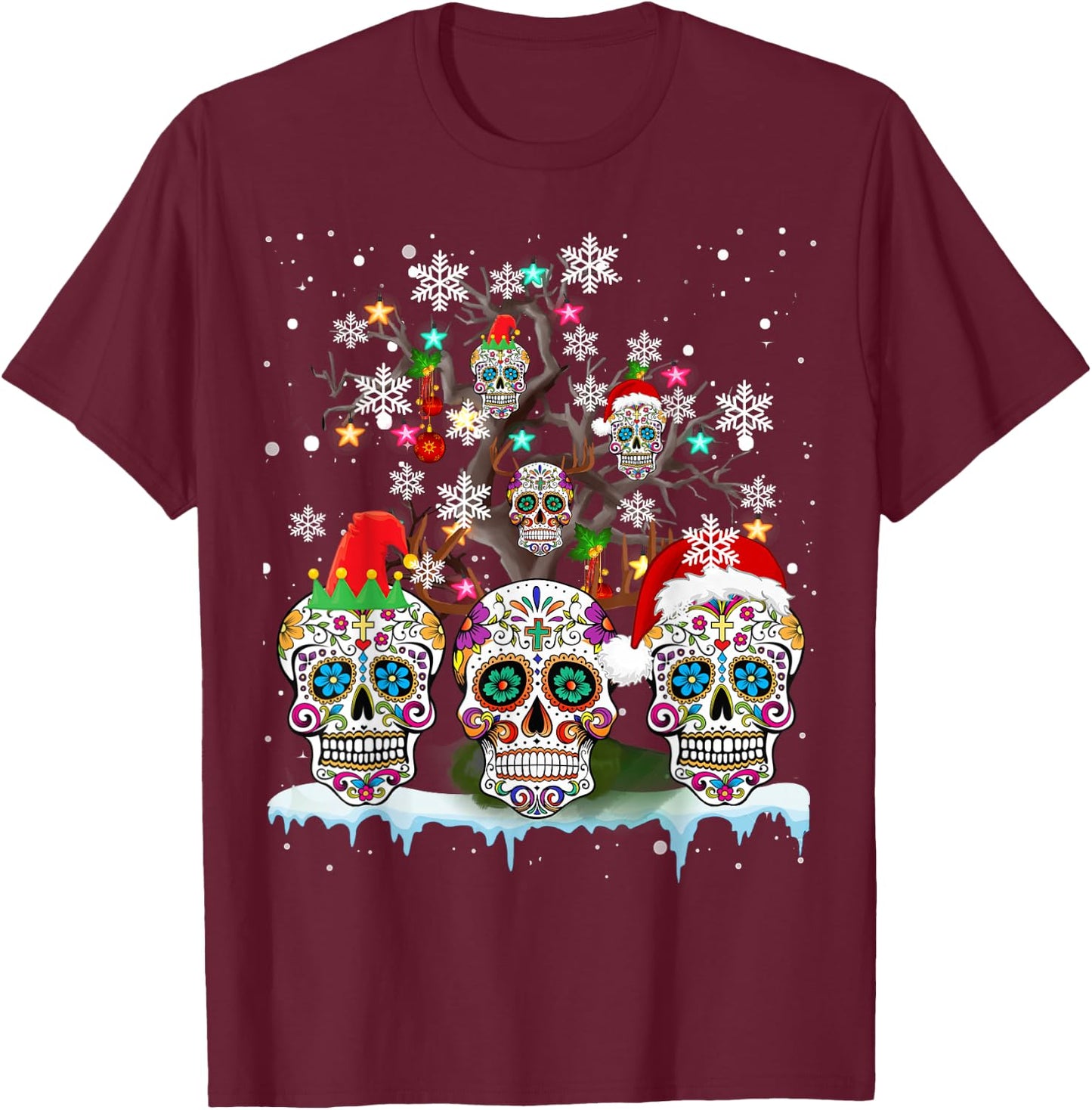Christmas Sugar Skull On Tree Funny Santa Sugar Skull Gifts T-Shirt - T-Shirt | Maroon