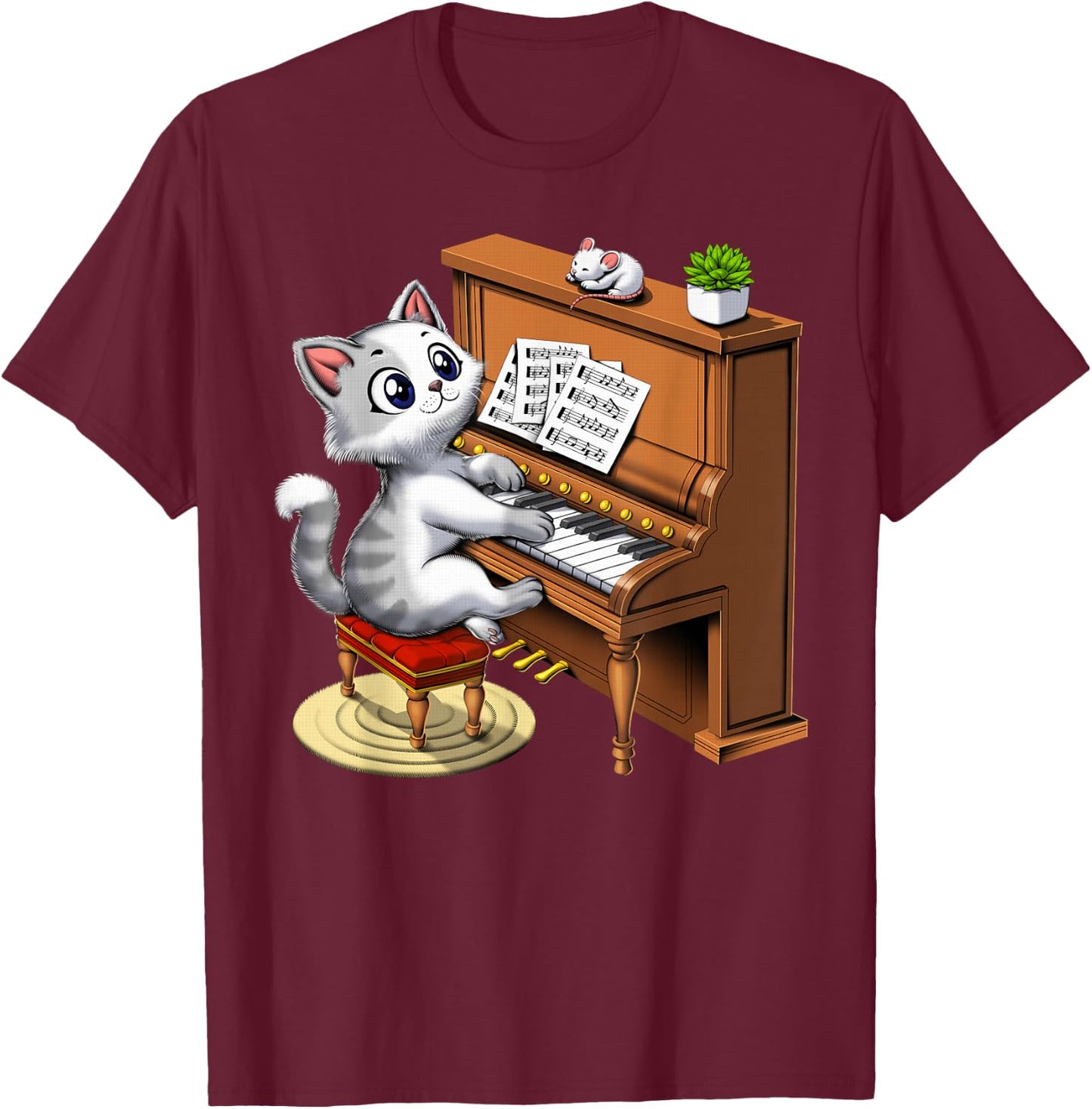 Cat Playing Piano Pianist Musician Classical Music Funny T-Shirt - T-Shirt | Maroon