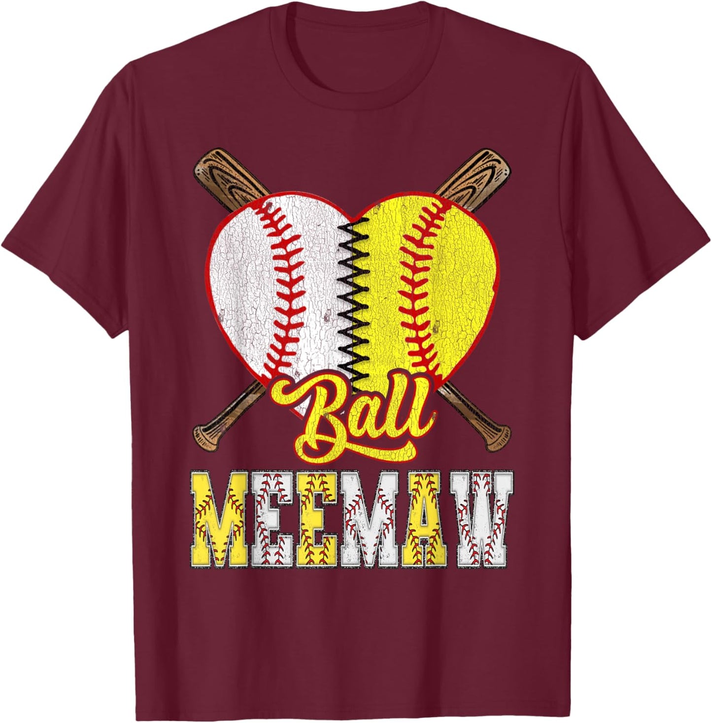 Meemaw Of Both Ball Meemaw Half Baseball Softball T-Shirt - T-Shirt | Maroon