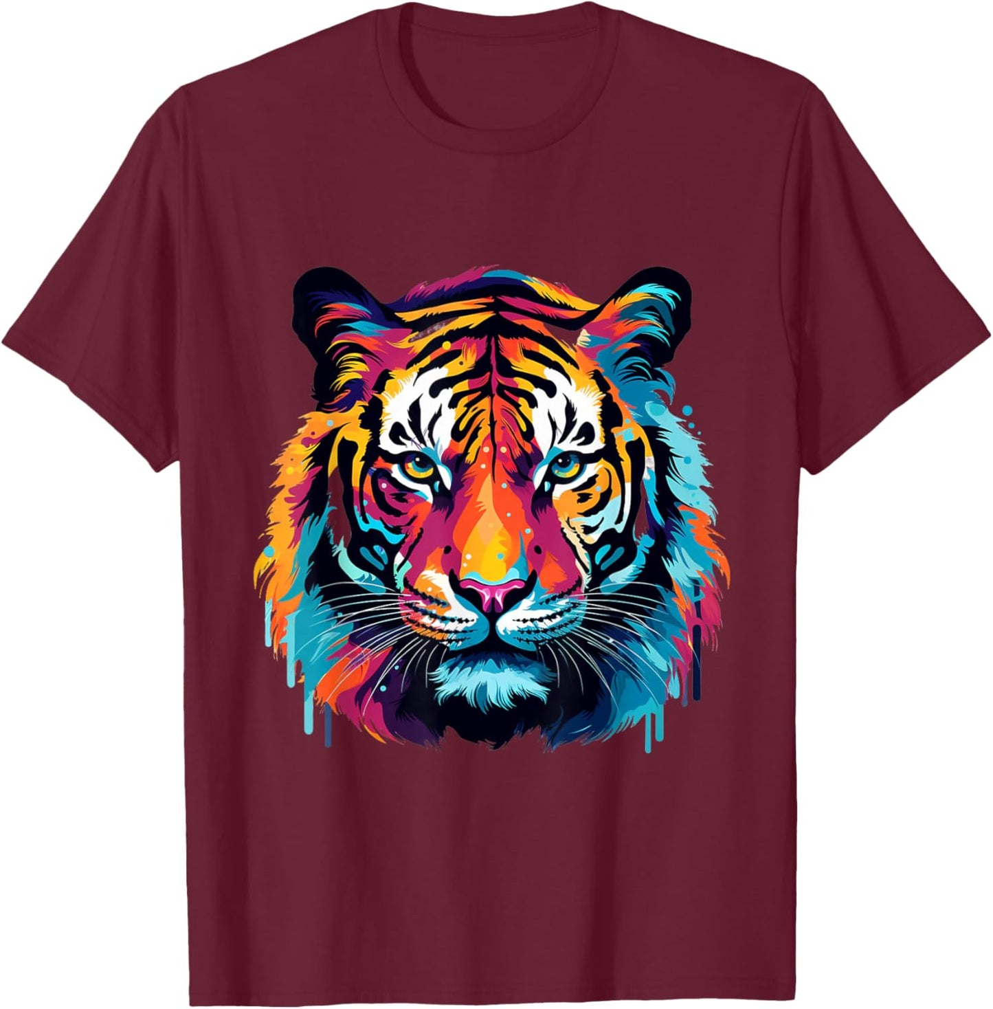 Cool Colorful Tiger Portrait Graphic T-Shirt - T-Shirt | Maroon
