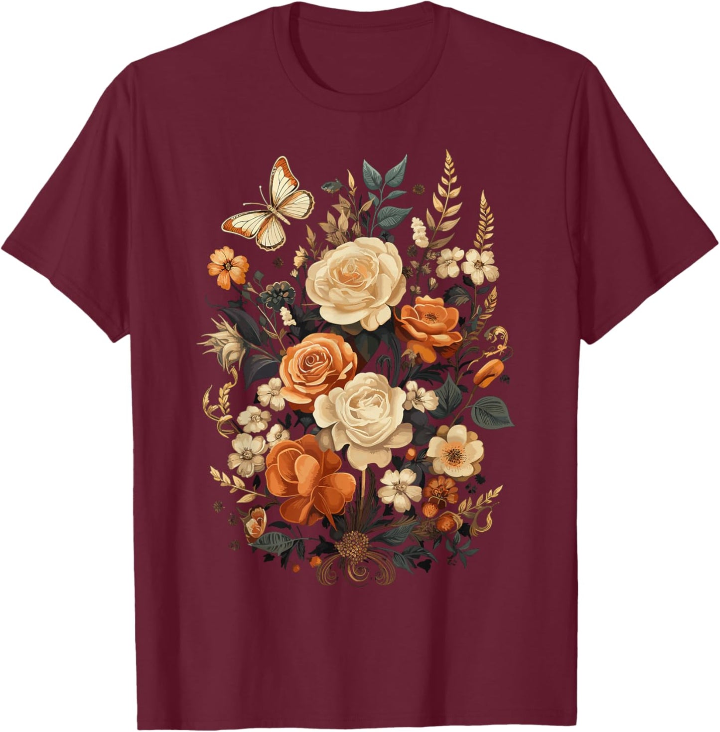 Vintage Pressed Flowers Butterflies Floral Boho Wildflowers T-Shirt - T-Shirt | Maroon
