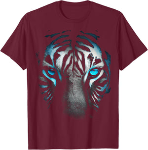 Tiger Blue Eyes Animal Portrait Art Graphic Tiger T-Shirt - T-Shirt | Maroon