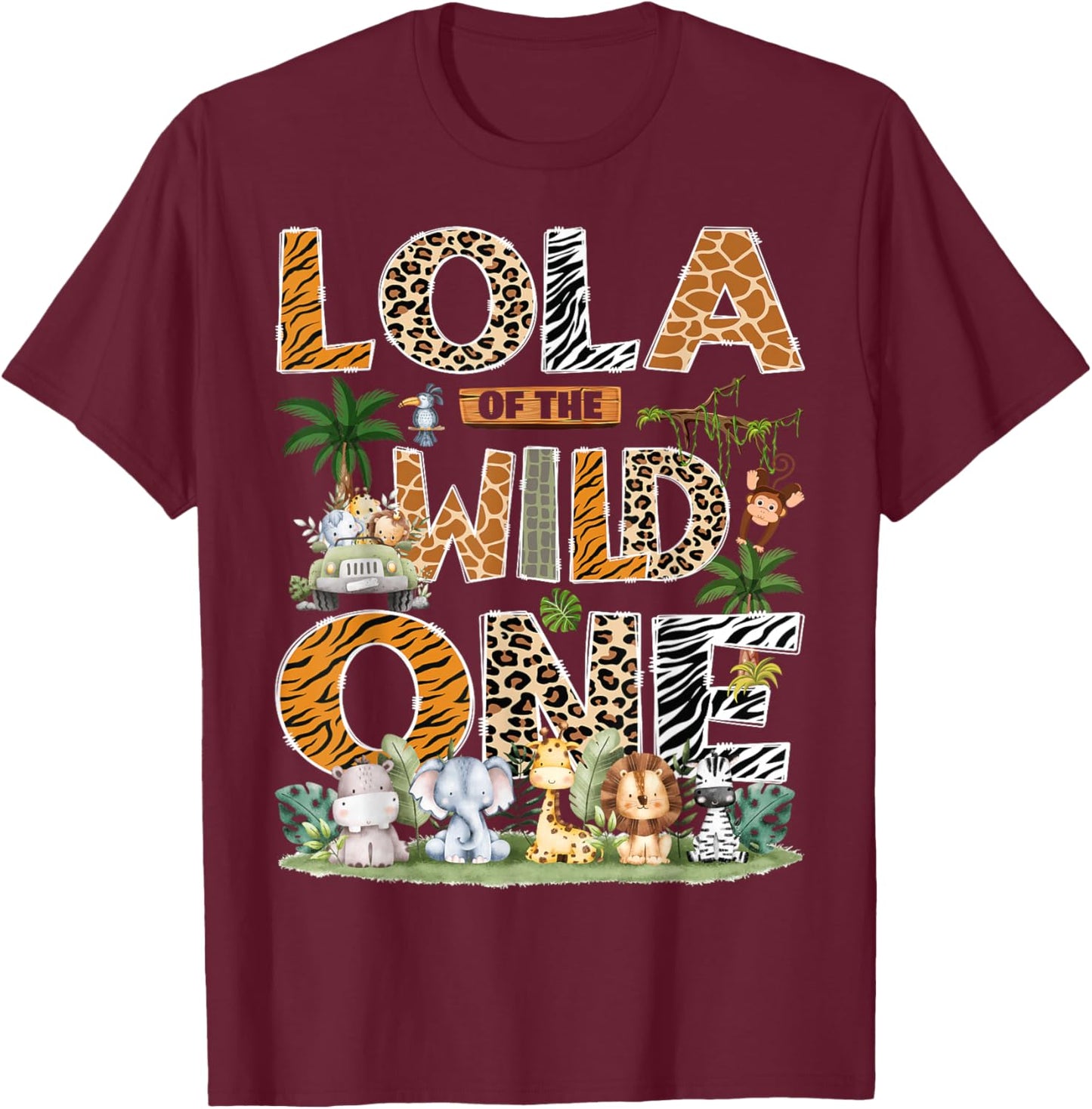 Lola of The Wild One Safari Jungle Zoo 1st Birthday Boy T-Shirt - T-Shirt | Maroon