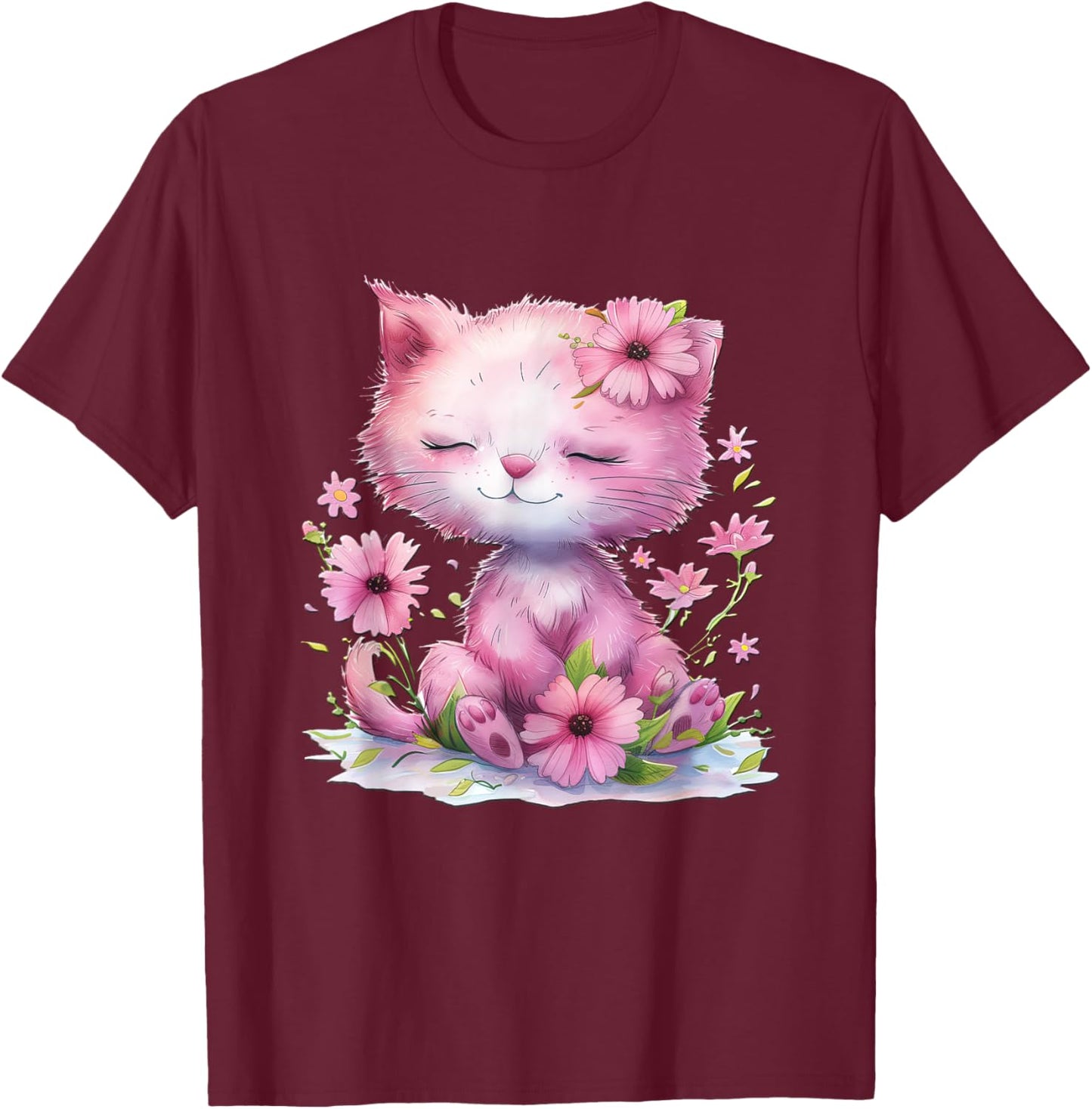 Cat with Flowers Cute Cats Forest Kitten Animal Daughter T-Shirt - T-Shirt | Maroon
