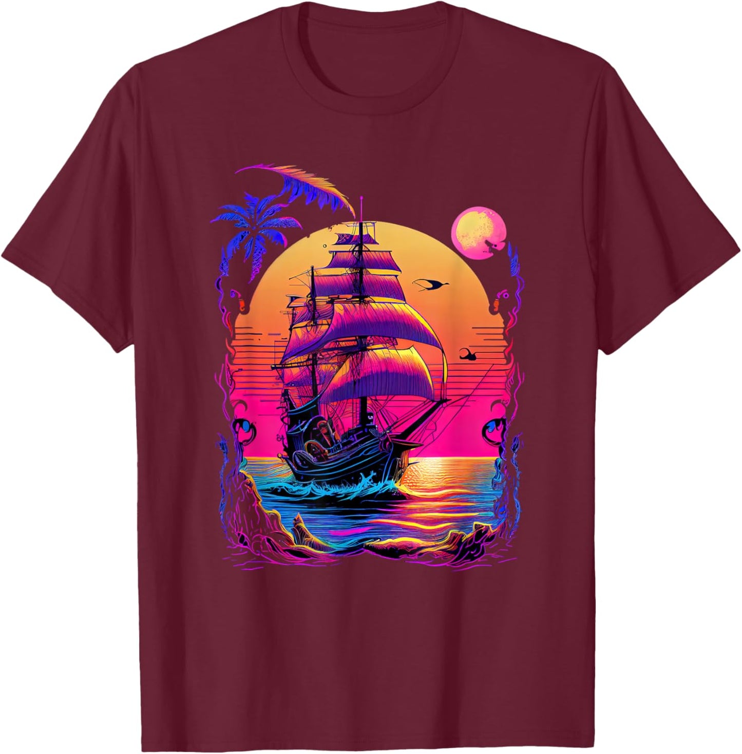Synthwave Retrowave Pirate Ship Colorful Graphic T-Shirt - T-Shirt | Maroon