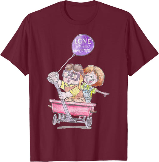 Disney Pixar Up Carl & Ellie Wagon Ride Sketch T-Shirt - T-Shirt | Maroon