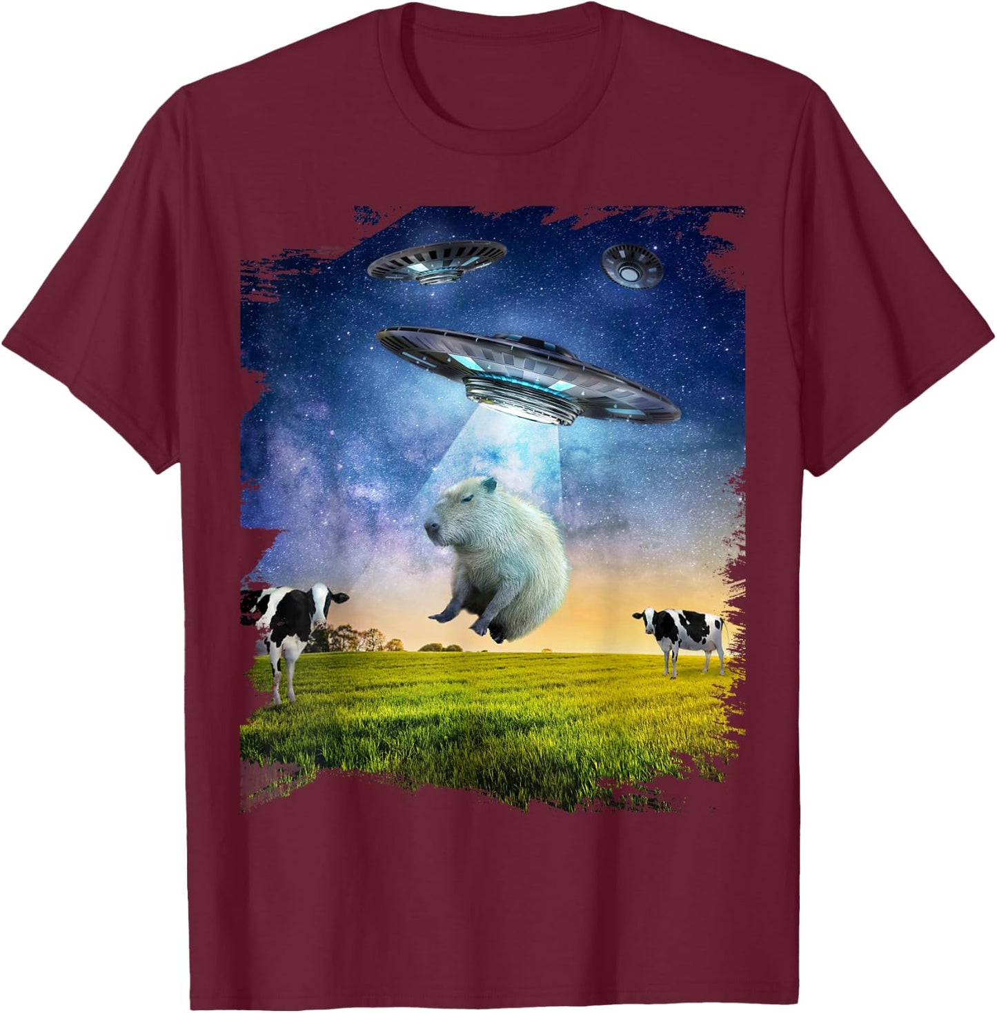 Random Galaxy Capybara UFO Abduction Abducting Funny , Men's -Adults, Black, Small, Short Sleeve, Regular Fit, Cotton, Polyester T-Shirt - T-Shirt | Maroon