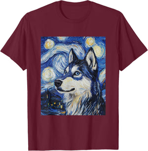Siberian Husky Dog Wolf Van Gogh Style Starry Night T-Shirt - T-Shirt | Maroon