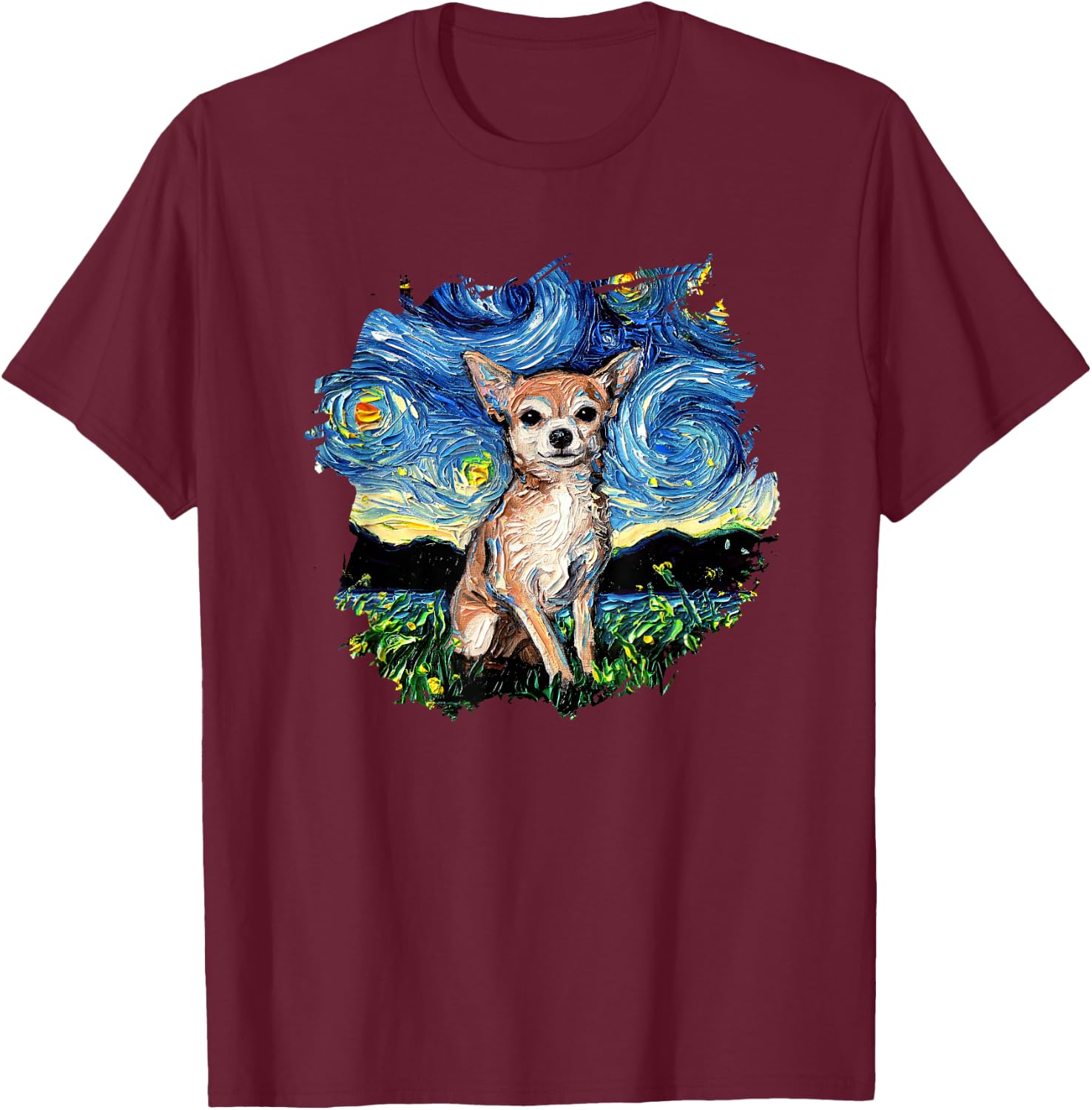 Tan Chihuahua Starry Night Impressionist Dog Art by Aja T-Shirt - T-Shirt | Maroon