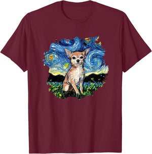 Tan Chihuahua Starry Night Impressionist Dog Art by Aja T-Shirt - T-Shirt | Maroon