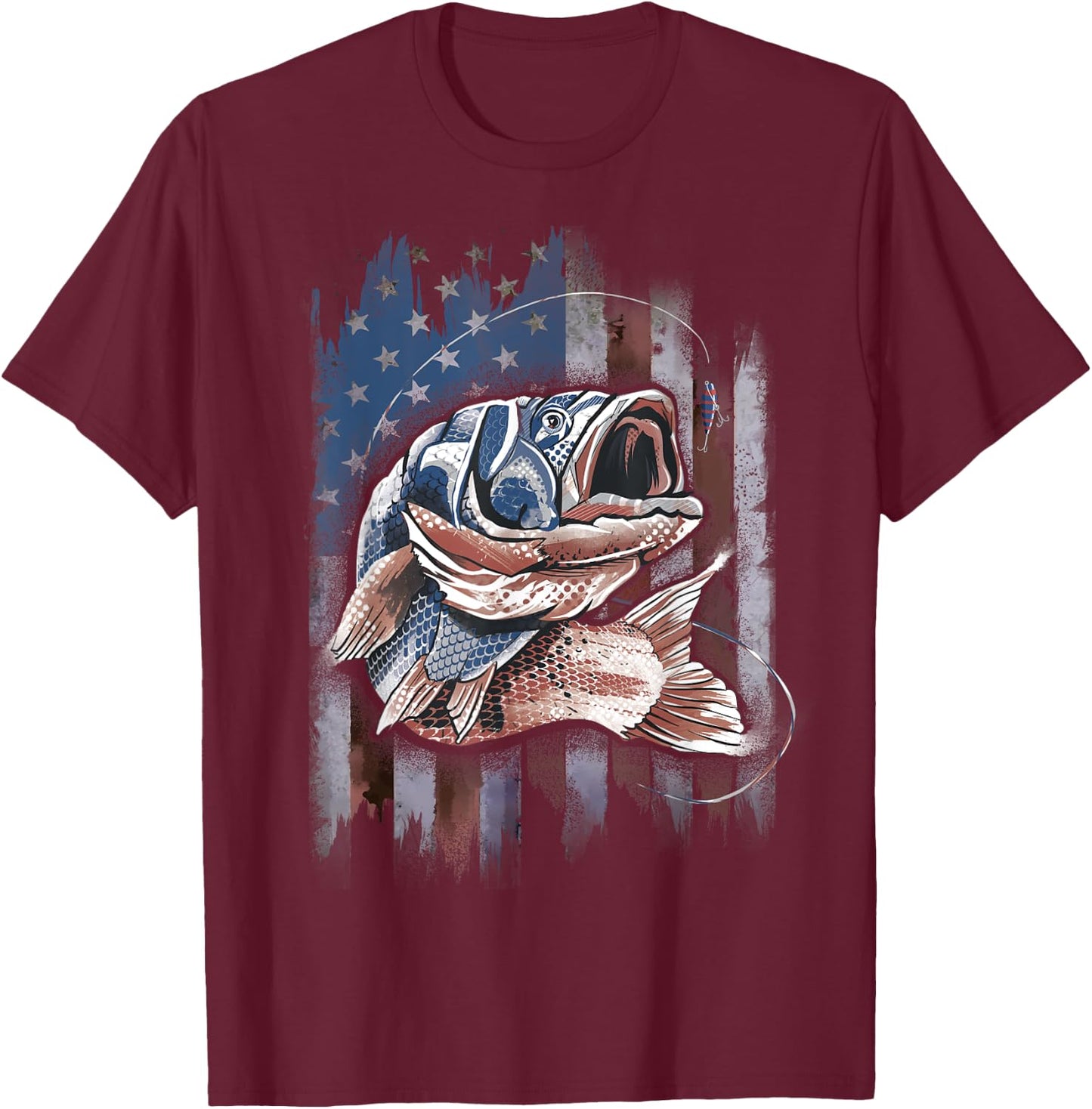 Patriotic Fishing 4th of July Men Amercian Flag Bass Fishing T-Shirt - T-Shirt | Maroon