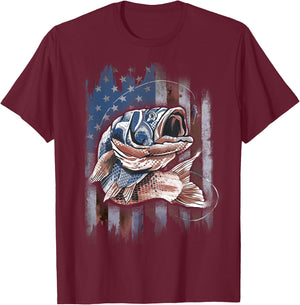 Patriotic Fishing 4th of July Men Amercian Flag Bass Fishing T-Shirt - T-Shirt | Maroon