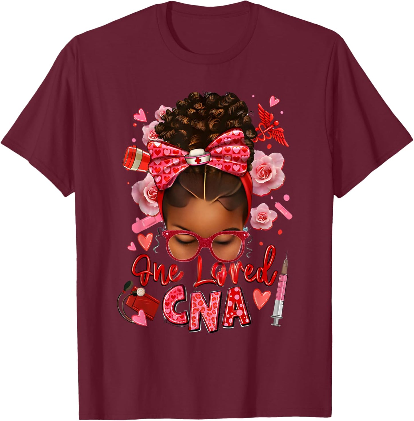 One loved CNA Pink Leopard Afro Messy Bun T-Shirt - T-Shirt | Maroon