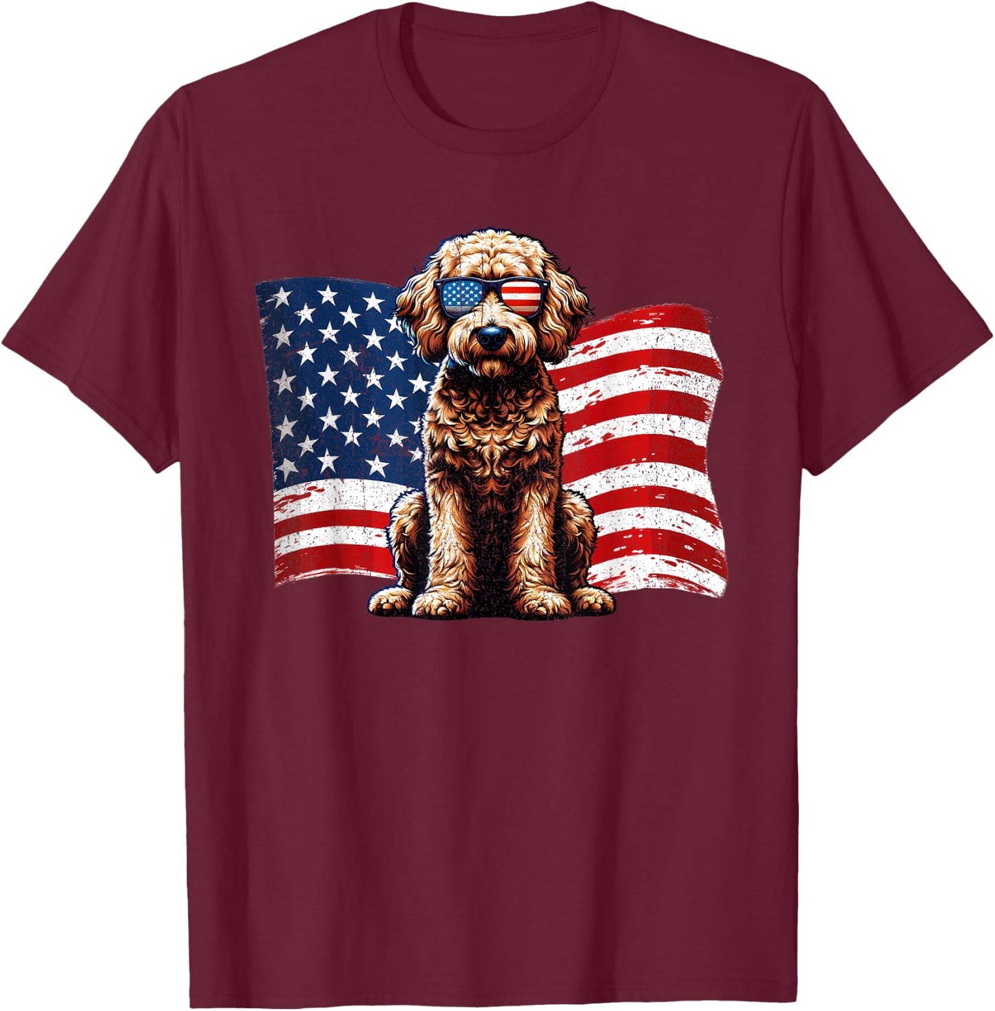 Vintage Labradoodle Dogs American Flag Sunglasses Patriotic T-Shirt - T-Shirt | Maroon