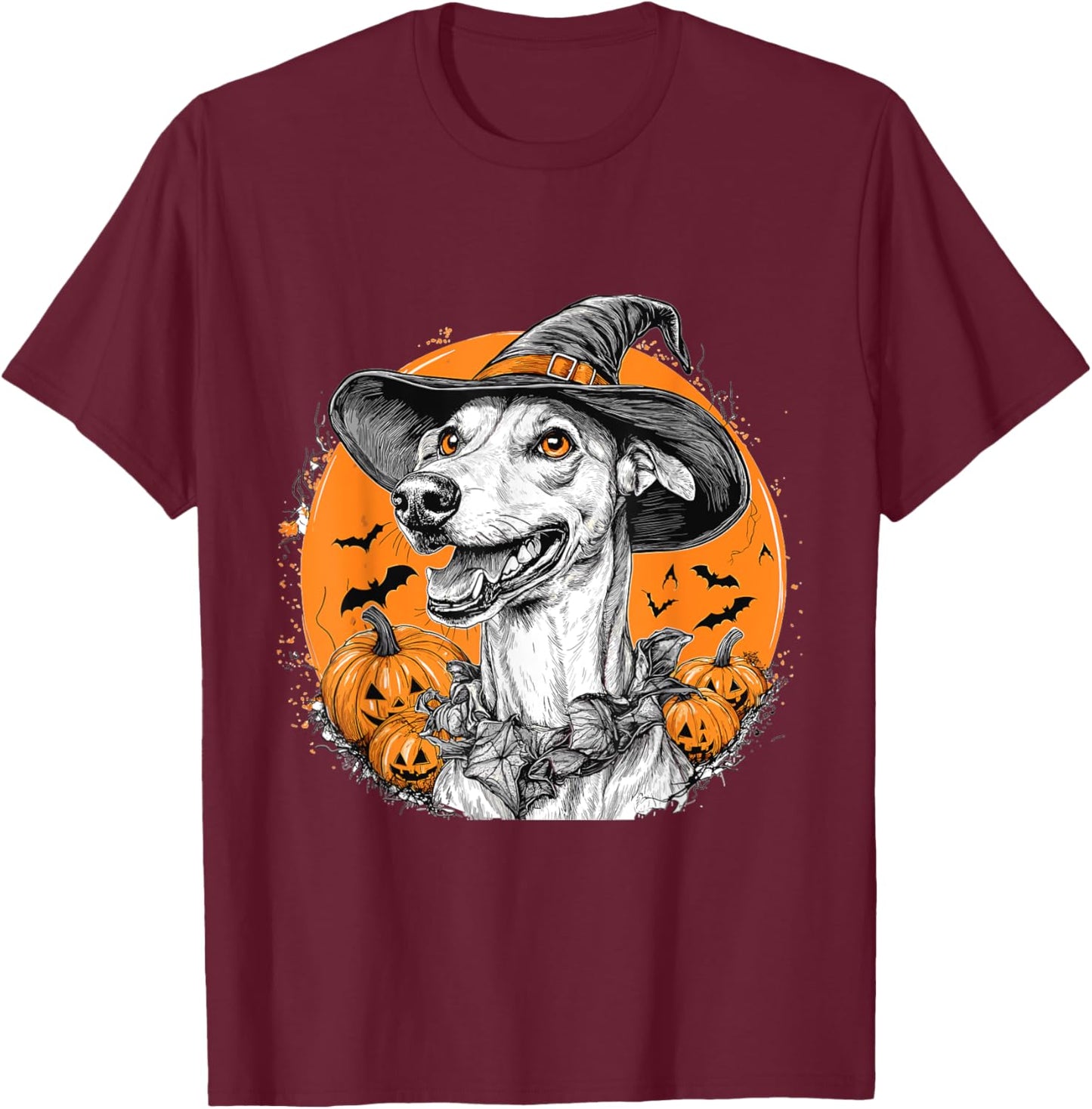 Greyhound Dog Whitch Hat Halloween Pumpkin Spooky Happy T-Shirt - T-Shirt | Maroon