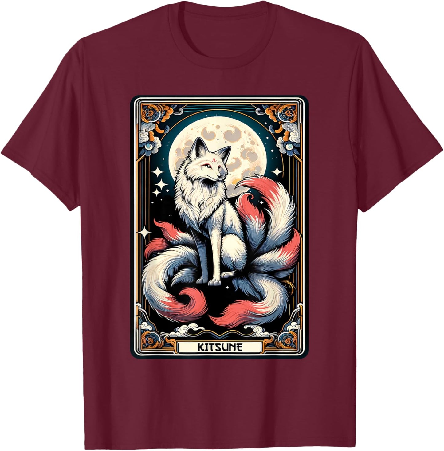 Japanese Kitsune Fox Nine Tailed Fox Tarot Card Anime T-Shirt - T-Shirt | Maroon