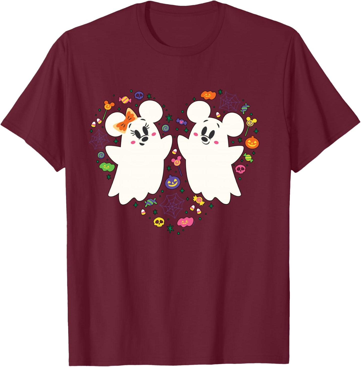 Disney Mickey and Minnie Cute Little Ghosts Halloween Heart T-Shirt - T-Shirt | Maroon