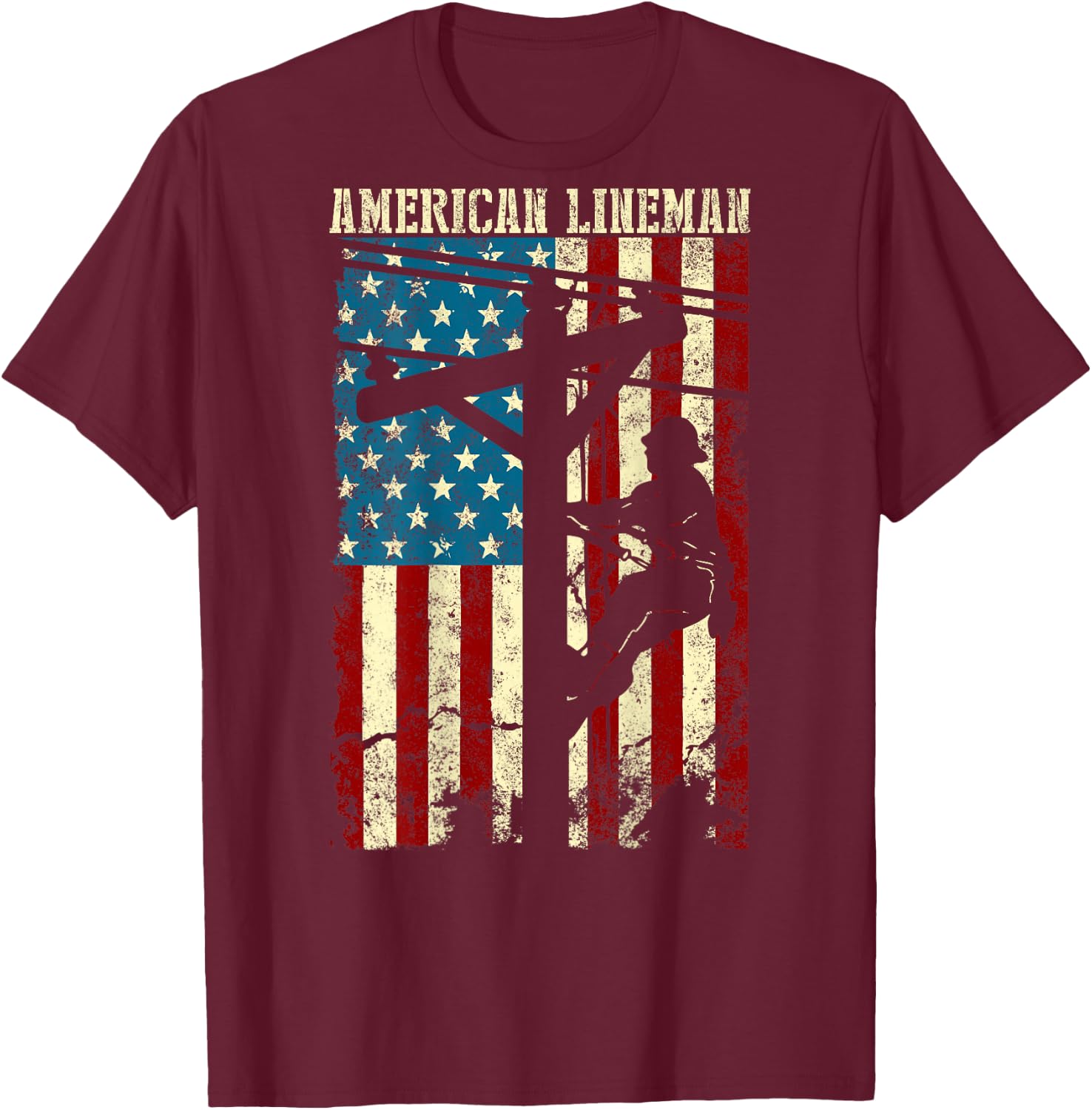 Lineman American Flag Electric Cable Gift Patriotic Lineman T-Shirt - T-Shirt | Maroon