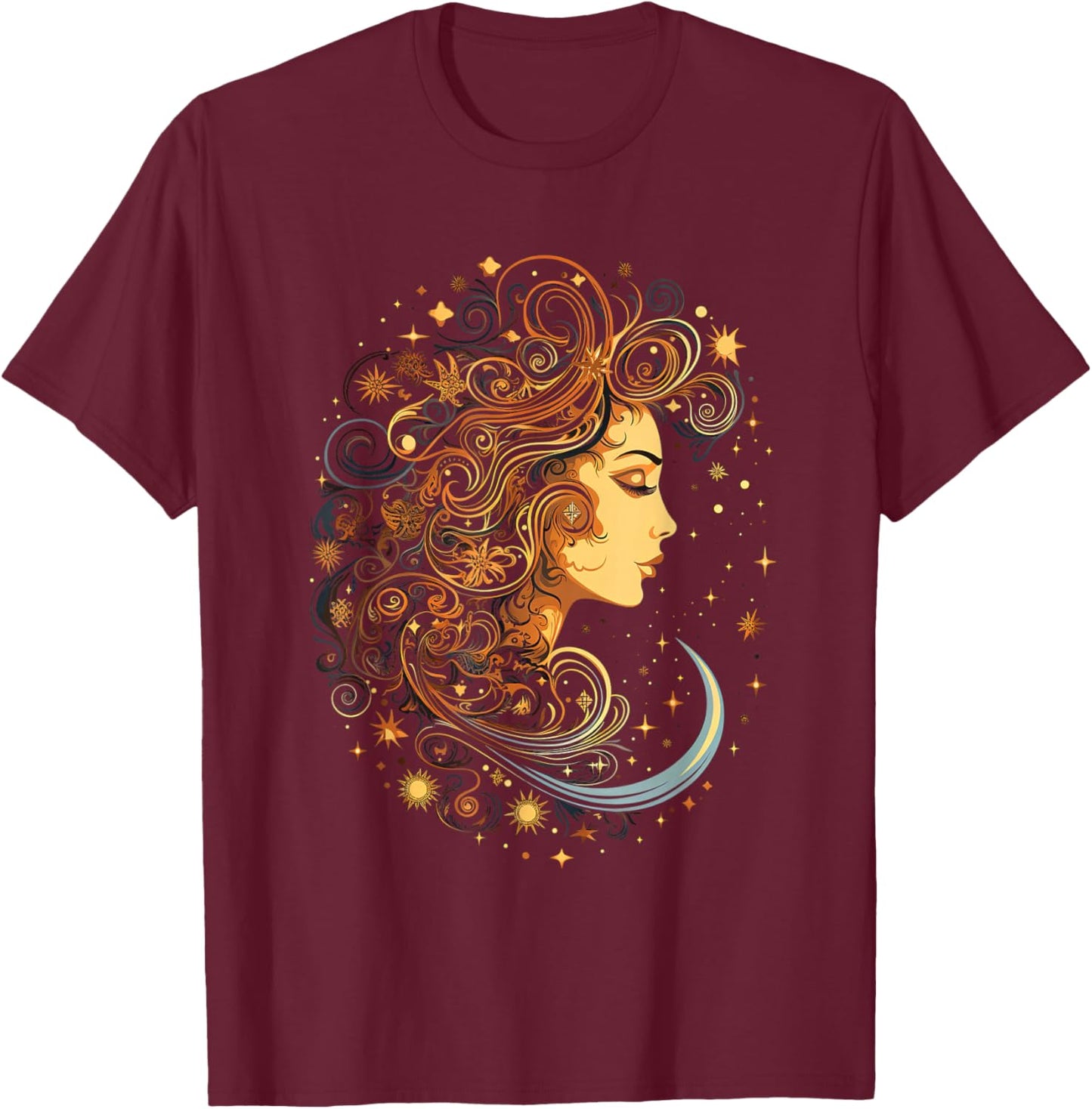 Mystic Sun and Moon Woman Mystical Flowers Aesthetic T-Shirt - T-Shirt | Maroon