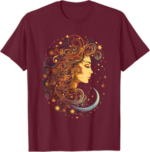 Mystic Sun and Moon Woman Mystical Flowers Aesthetic T-Shirt - T-Shirt | Maroon