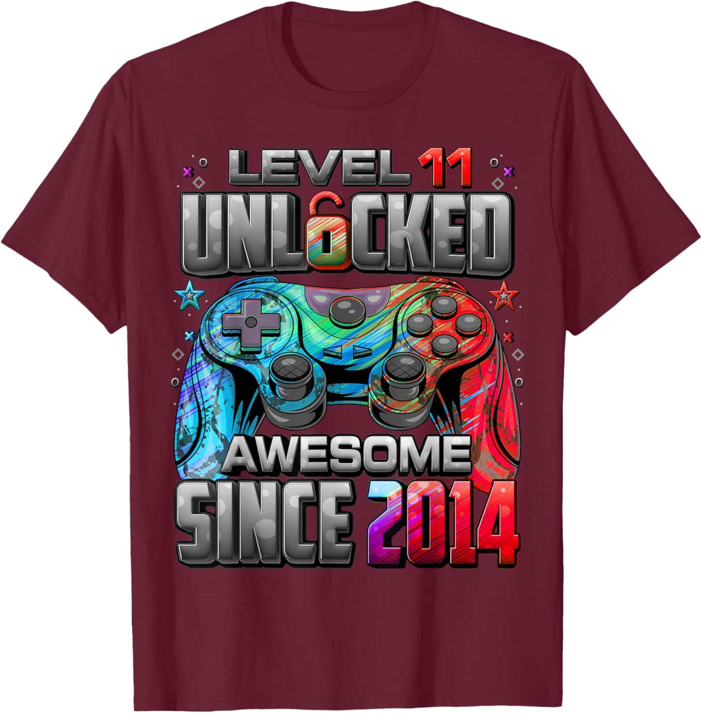 Level 11 Unlocked Awesome Since 2014 11th Birthday Gaming T-Shirt - T-Shirt | Maroon