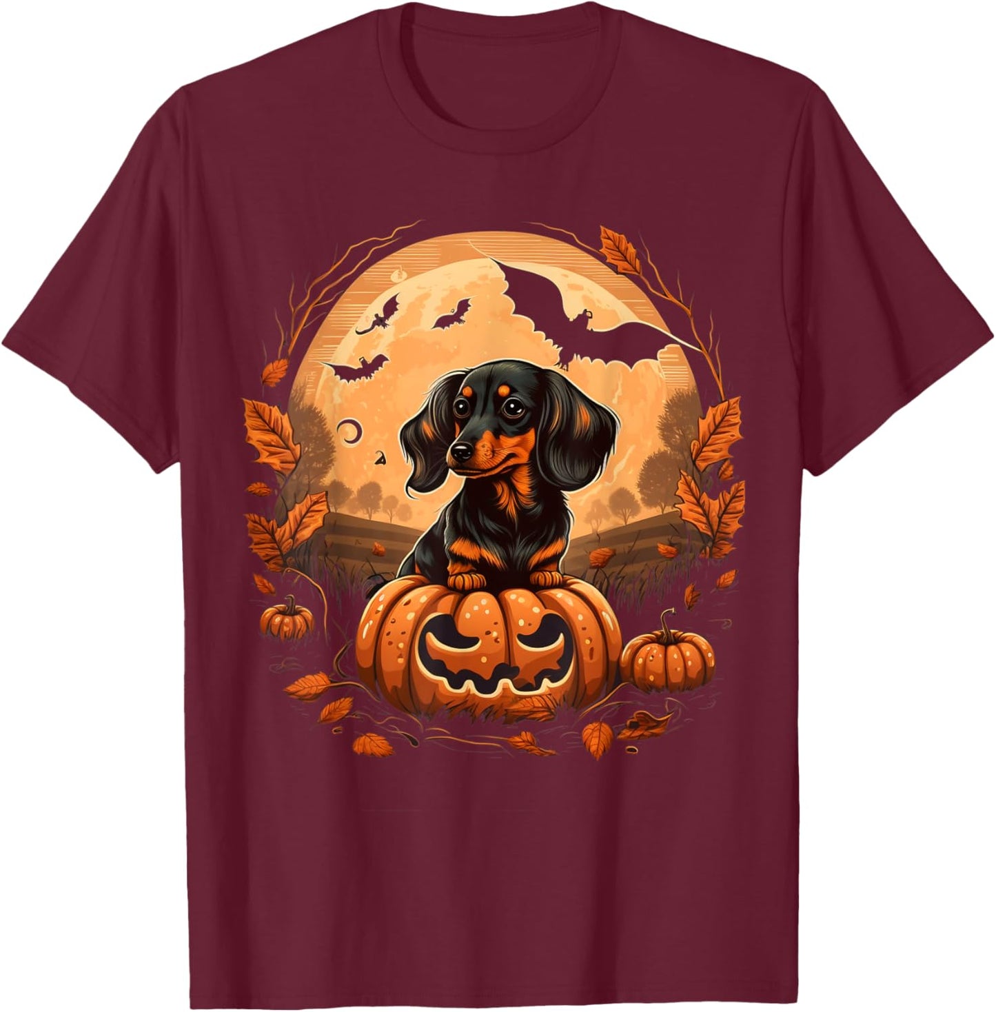 Pumpkin Dachshund costume on Dachshund Halloween T-Shirt - T-Shirt | Maroon