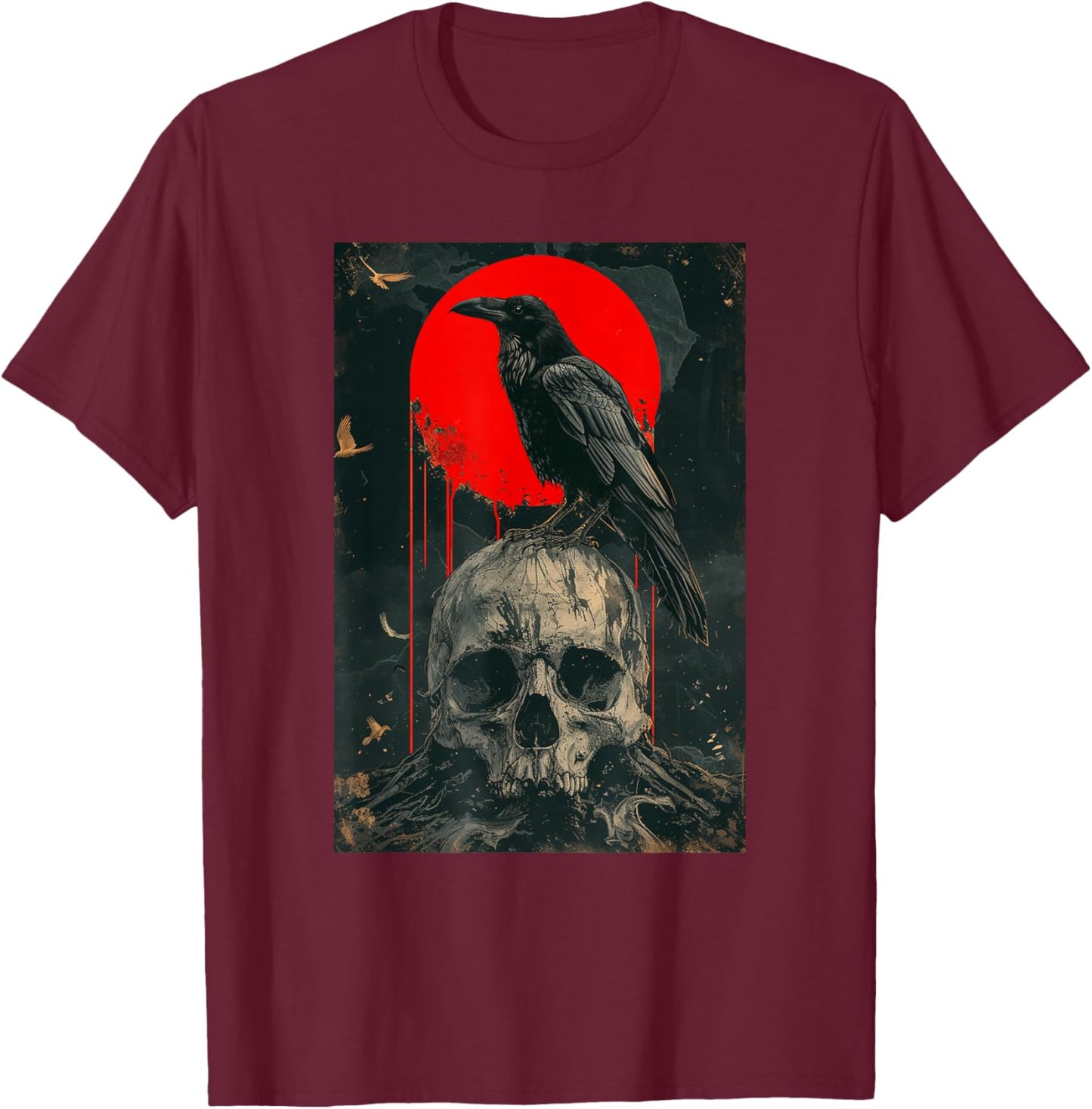 Red Moon Black Gothic Raven Skull Graphic Black Crow T-Shirt - T-Shirt | Maroon