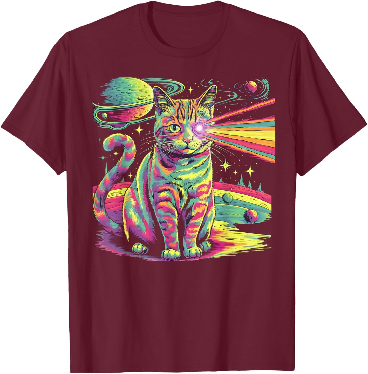 Bunte Psychedelisch Laser Katze | Weltall Planeten T-Shirt - T-Shirt | Maroon