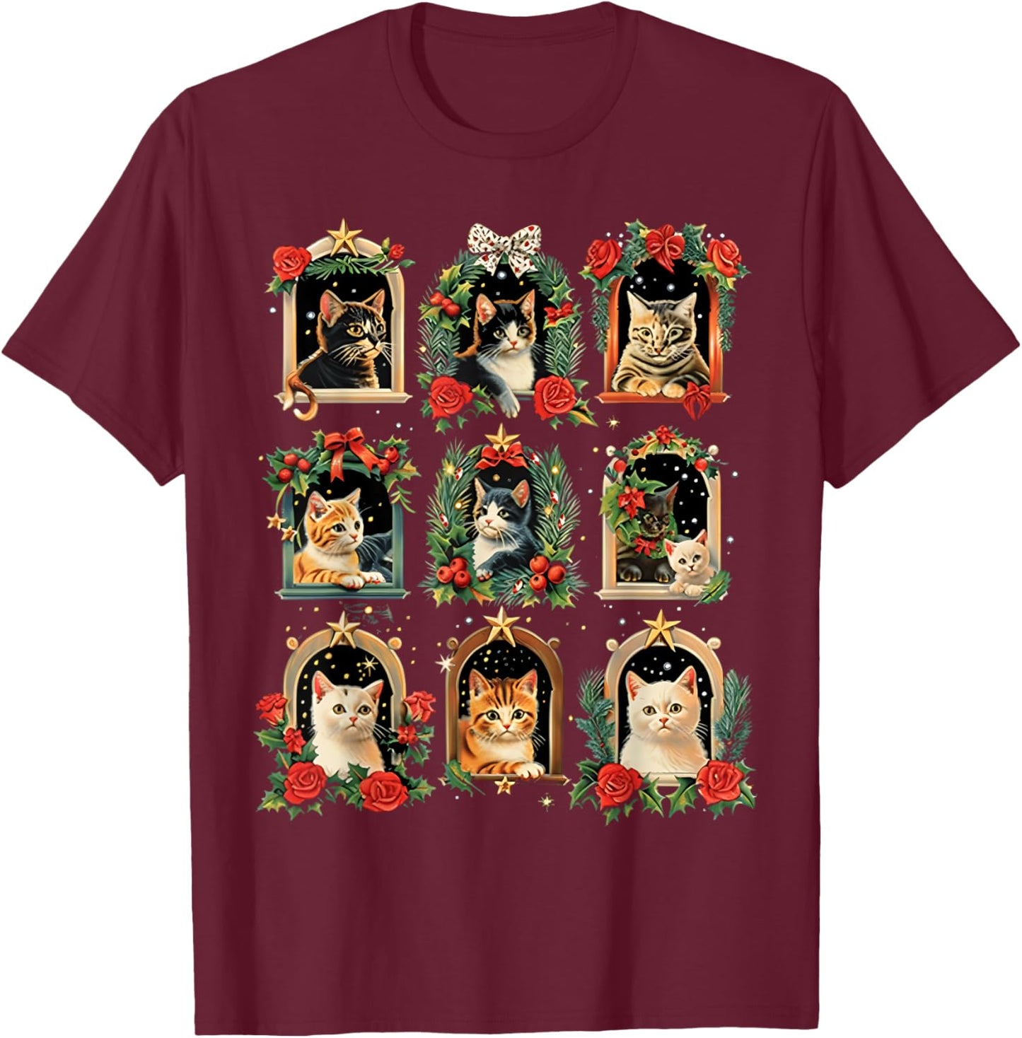 Vintage Kitten Christmas Cats, Cat Mom, Cat Dad Women Men T-Shirt - T-Shirt | Maroon