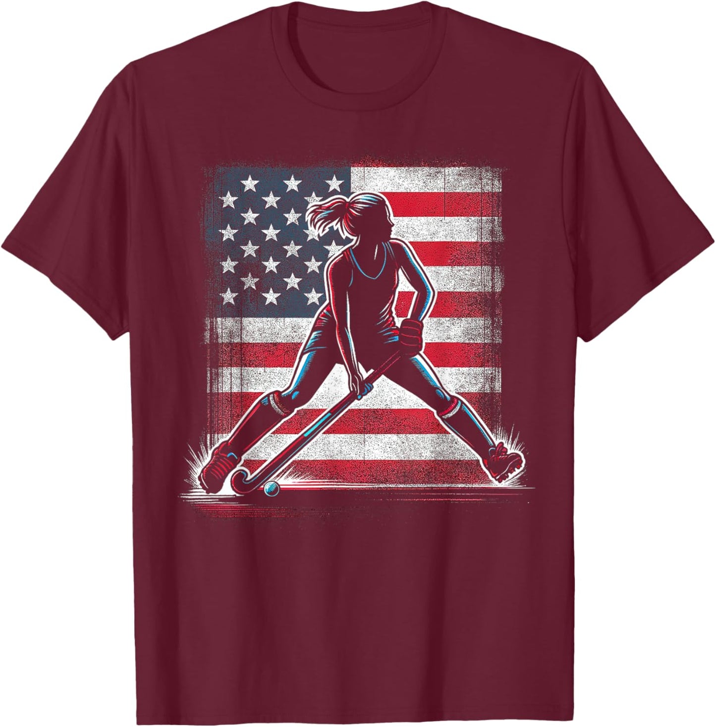 Field Hockey Girl USA United States Of America Flag T-Shirt - T-Shirt | Maroon