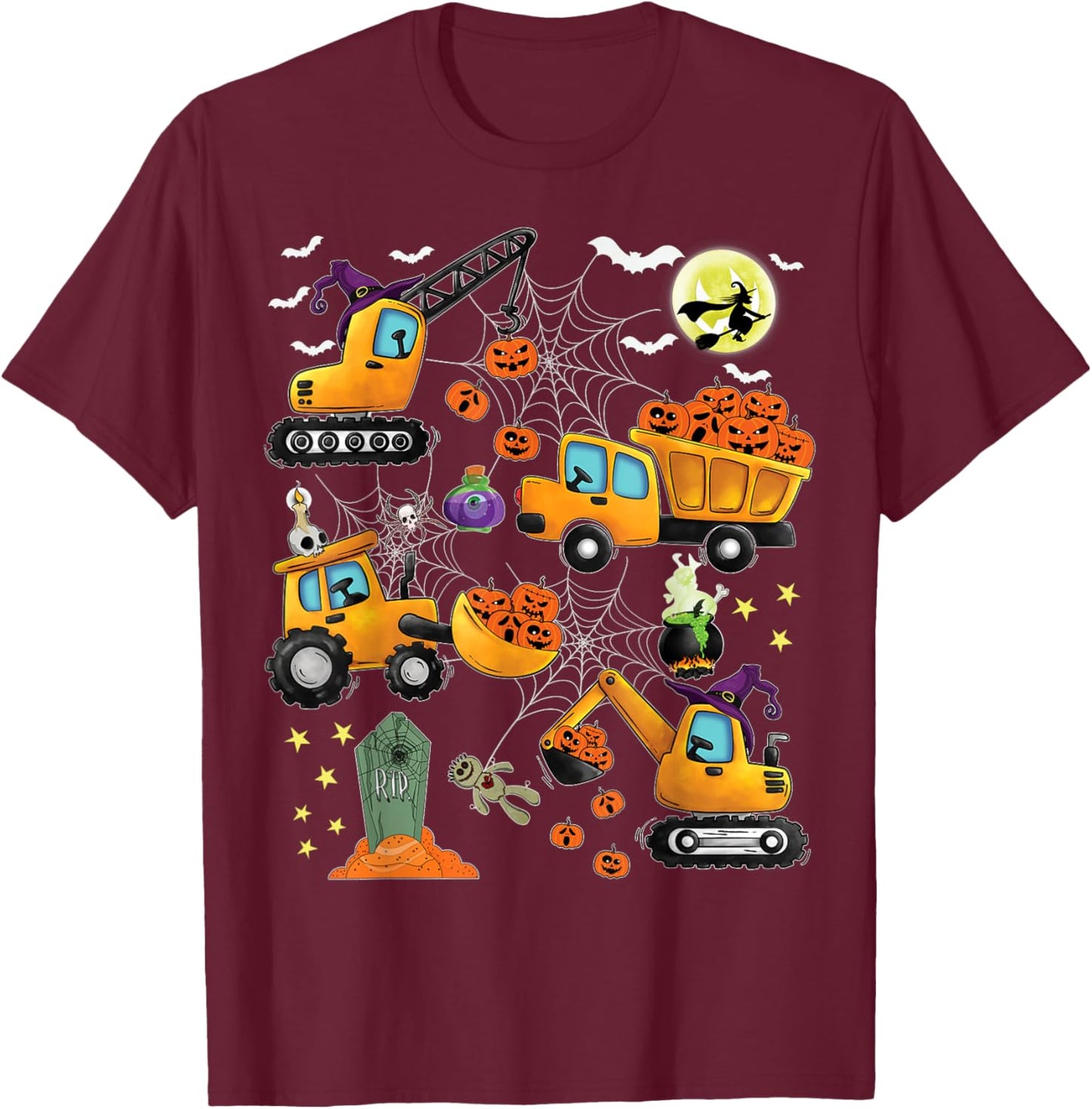 Kids Construction Vehicle Halloween Crane Truck Pumpkin Boys T-Shirt - T-Shirt | Maroon