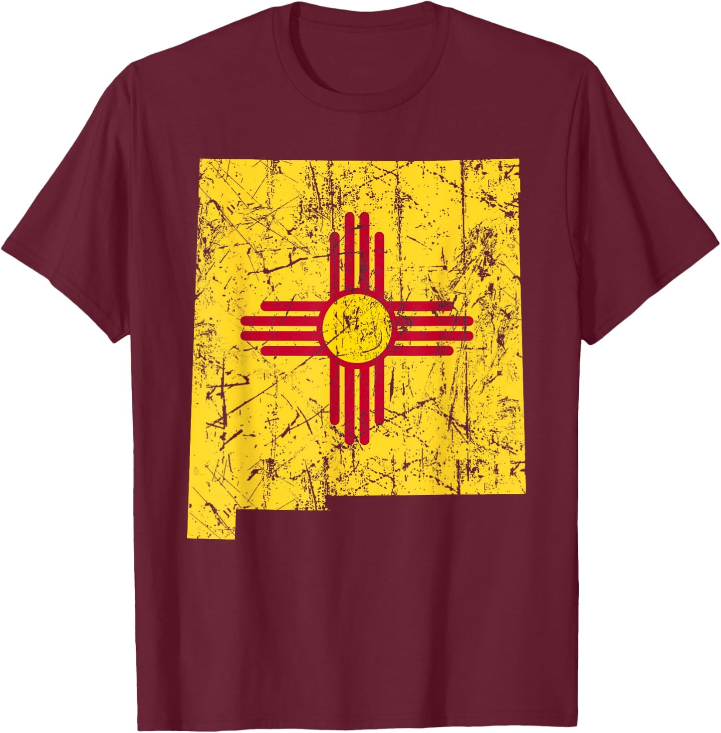 USA State New Mexico Flag Map Red Zia Sun Symbol T-Shirt - T-Shirt | Maroon