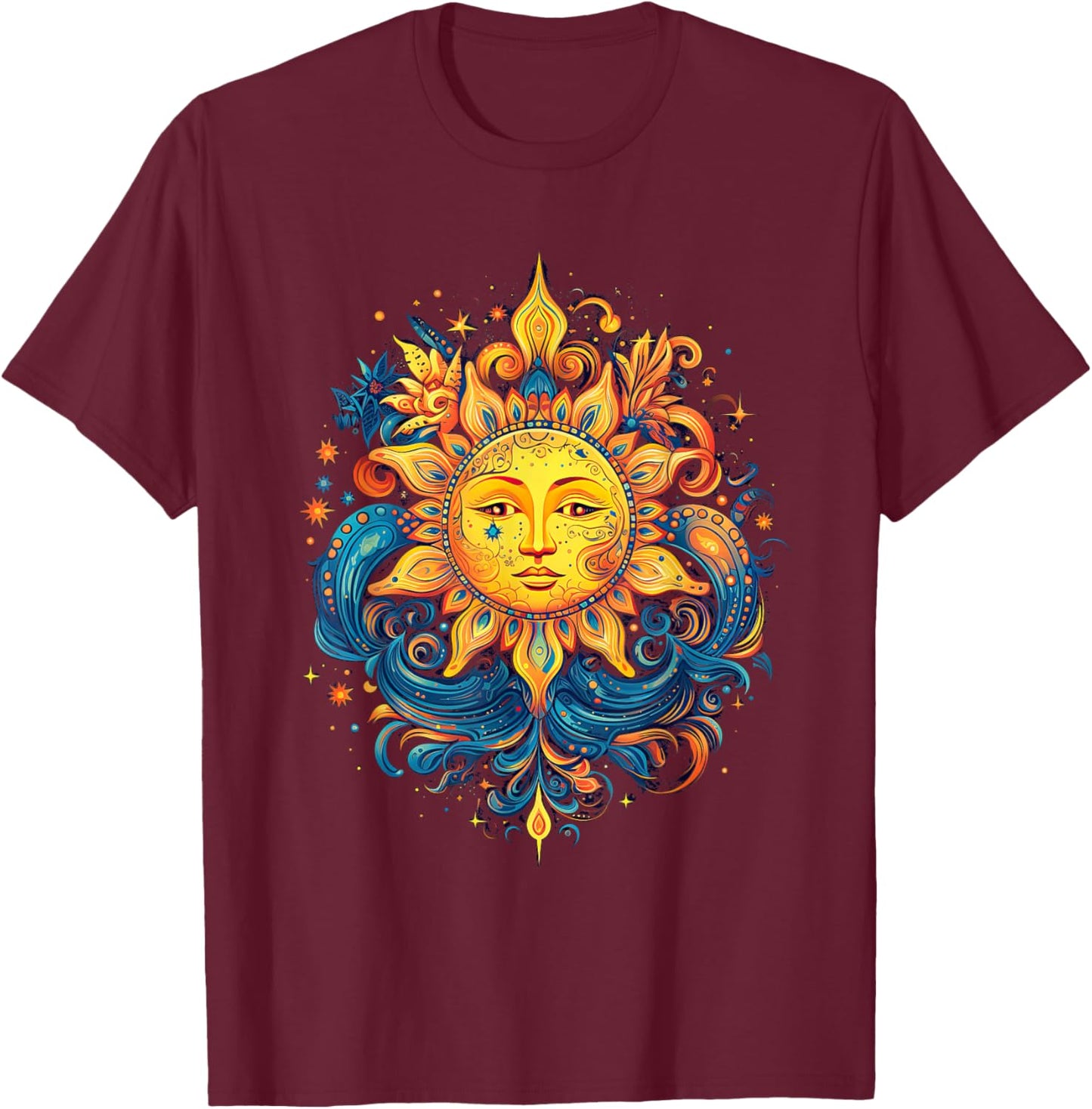 Mystic Sun and Moon Woman Mystical Flowers Aesthetic T-Shirt - T-Shirt | Maroon