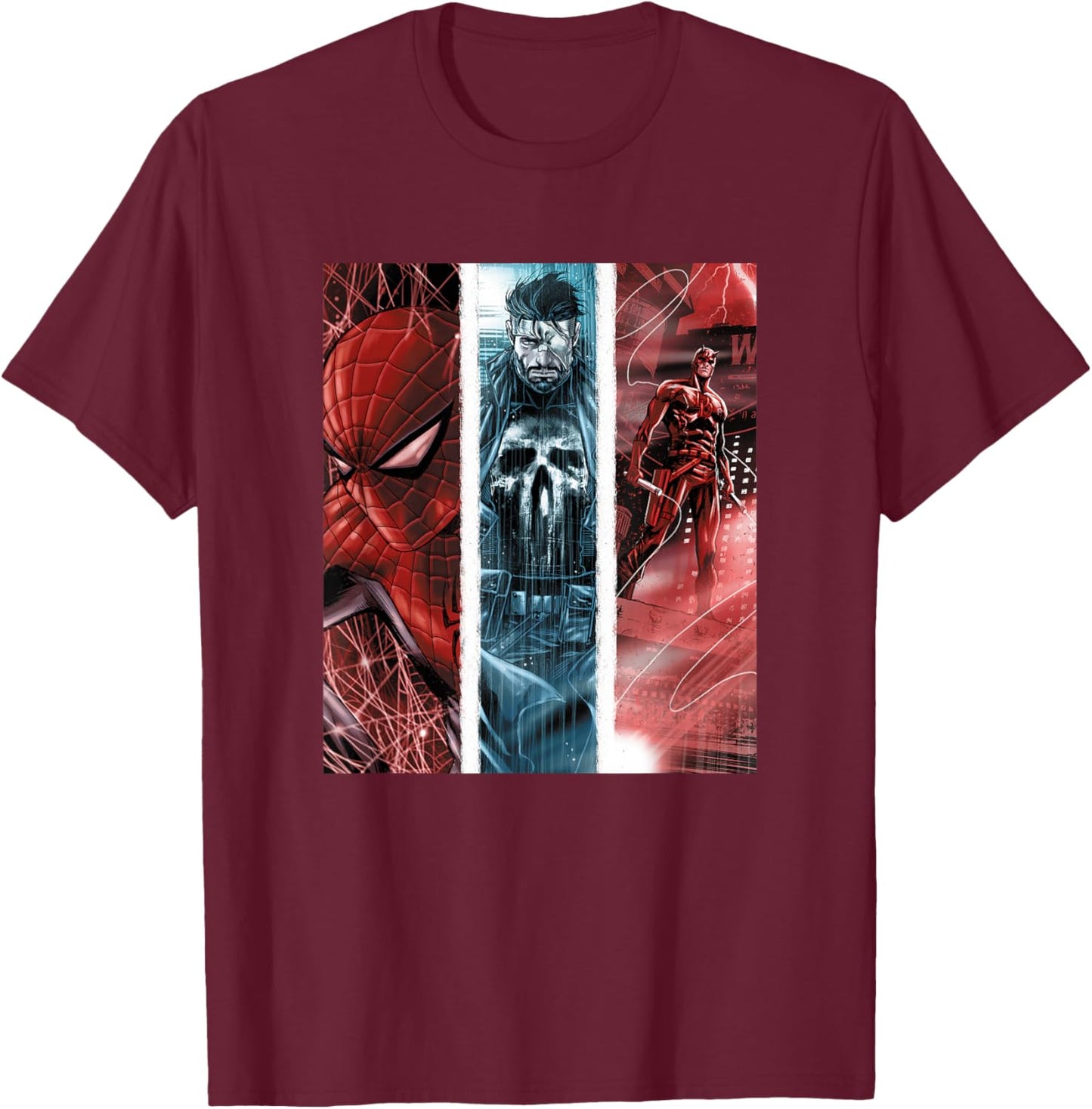 Marvel Punisher Daredevil & Spider-Man Epic Panels T-Shirt - T-Shirt | Maroon
