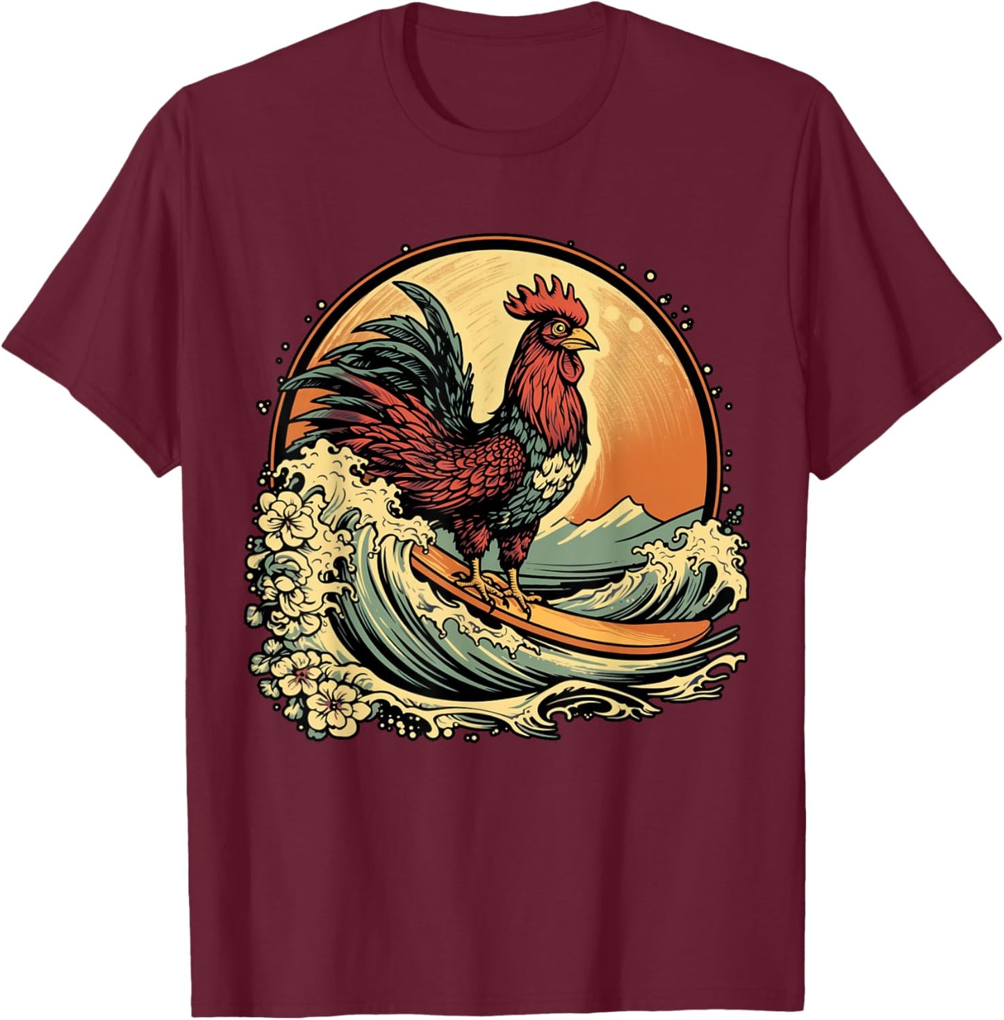 Cool, Funny, Surfing Rooster, Surf, Chicken, Cockerel T-Shirt - T-Shirt | Maroon
