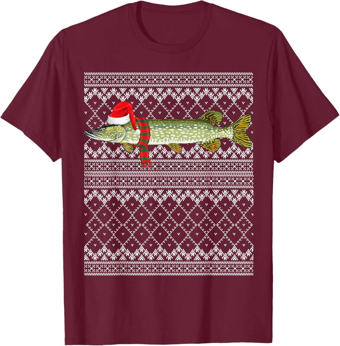 Xmas Fish Santa Hat Northern Pike Ugly Christmas T-Shirt - T-Shirt | Maroon