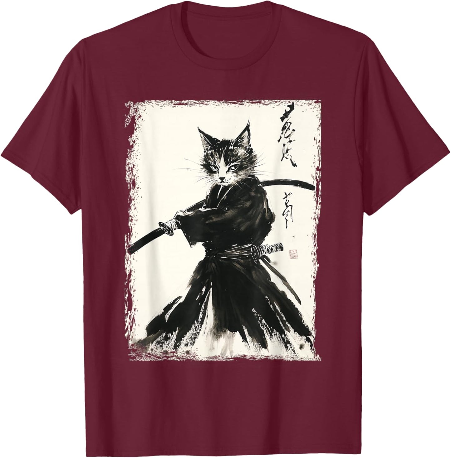 Samurai Cat Ukiyo-e Vintage Art Warrior Graphic T-Shirt - T-Shirt | Maroon