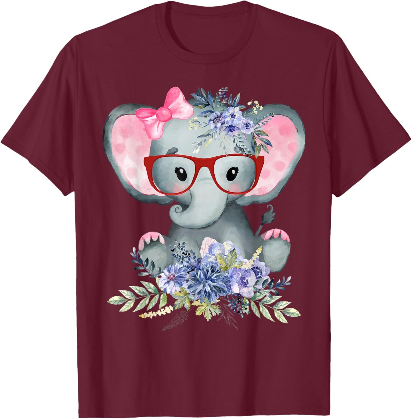 Cute Girl Baby Elephant Wearing Bow Tie & Glasses w/ Flowers T-Shirt - T-Shirt | Maroon