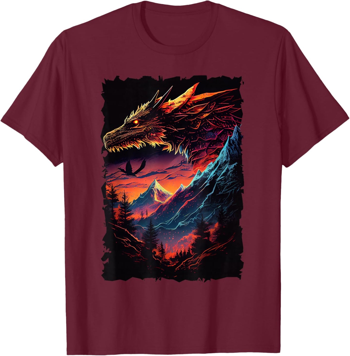 Dragon with Mountain Sunset Retro Fantasy Adventure Design T-Shirt - T-Shirt | Maroon