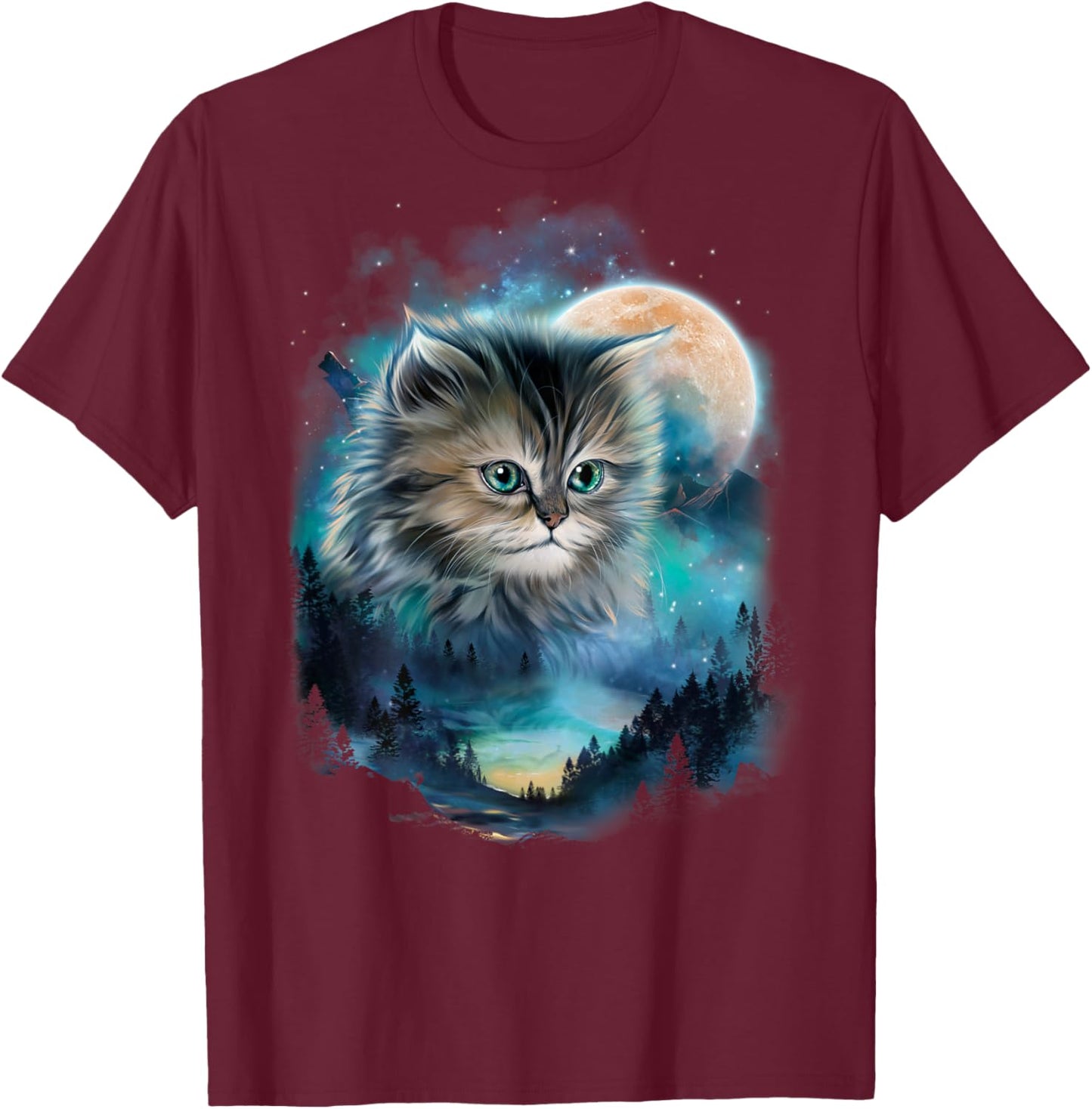 Mystical Cat Under Moonlit Forest Sky Men Women Kids T-Shirt - T-Shirt | Maroon