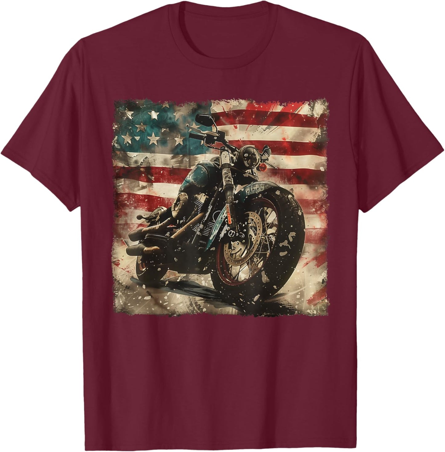 Vintage Motorcycle USA Flag Retro Biker American T-Shirt - T-Shirt | Maroon