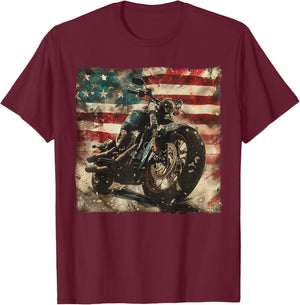Vintage Motorcycle USA Flag Retro Biker American T-Shirt - T-Shirt | Maroon