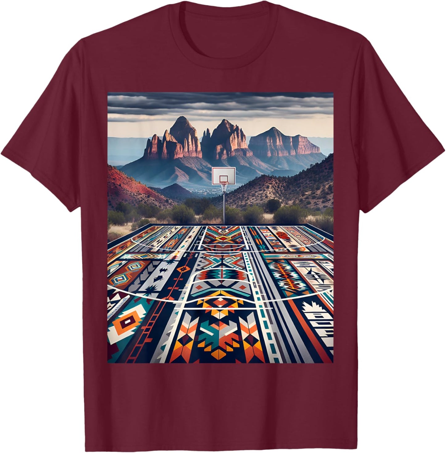 Flagstaff Mountain Basketball: Native American Pattern T-Shirt - T-Shirt | Maroon
